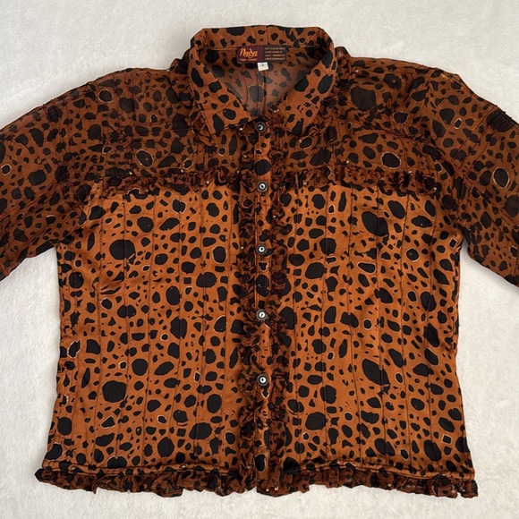 Nadya | Button Front Ruffle Bead Detail Animal Print Blouse Handmade in Bali (S) - Picture 3 of 15